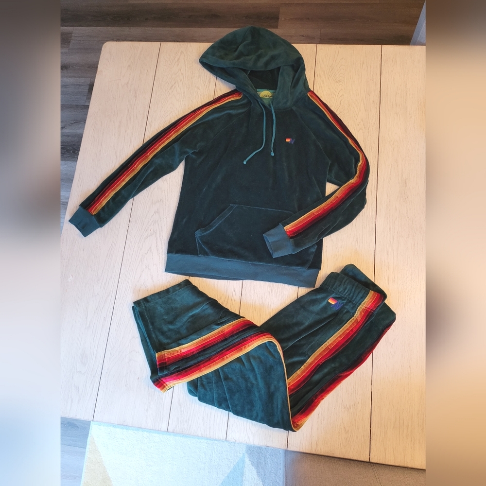 Aviator Nation Velour 5 stripe Set S XS green hoodie pants